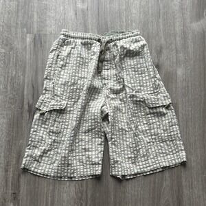 Vintage Weekends Mens Medium Plaid Cargo Shorts Green Beige Cotton Elastic